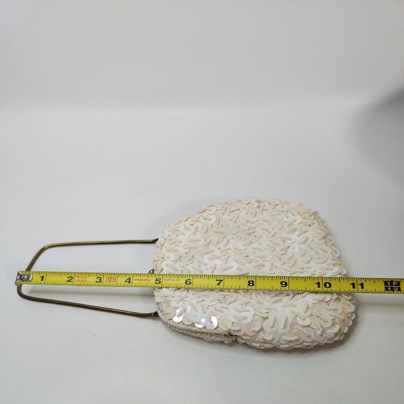 Vtg Handmade White Pearl Bead Sequin Clutch Evening Bag Gold Chain Clasp - Picture 12 of 16